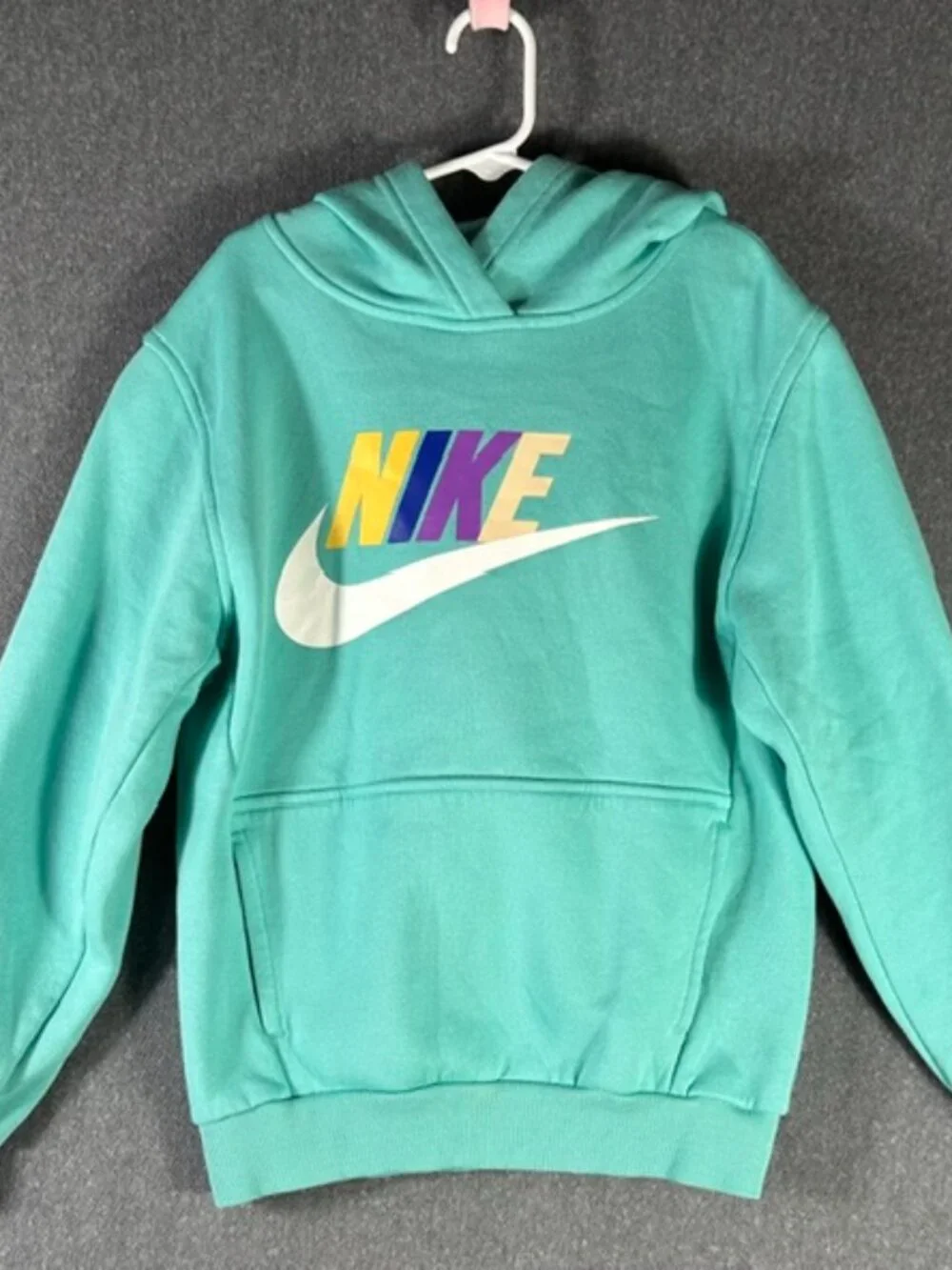 Nike Club Fleece Hoodie Girls Sz Medium Teal w/ Multicolor Logo